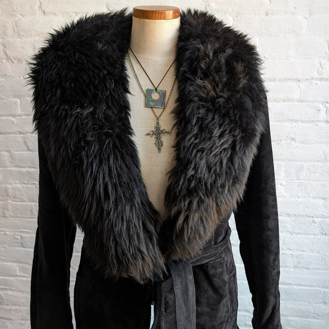 Vintage Black Suede Penny Lane Coat Fur Mini Trench Minimalist Goth Furry Jacket