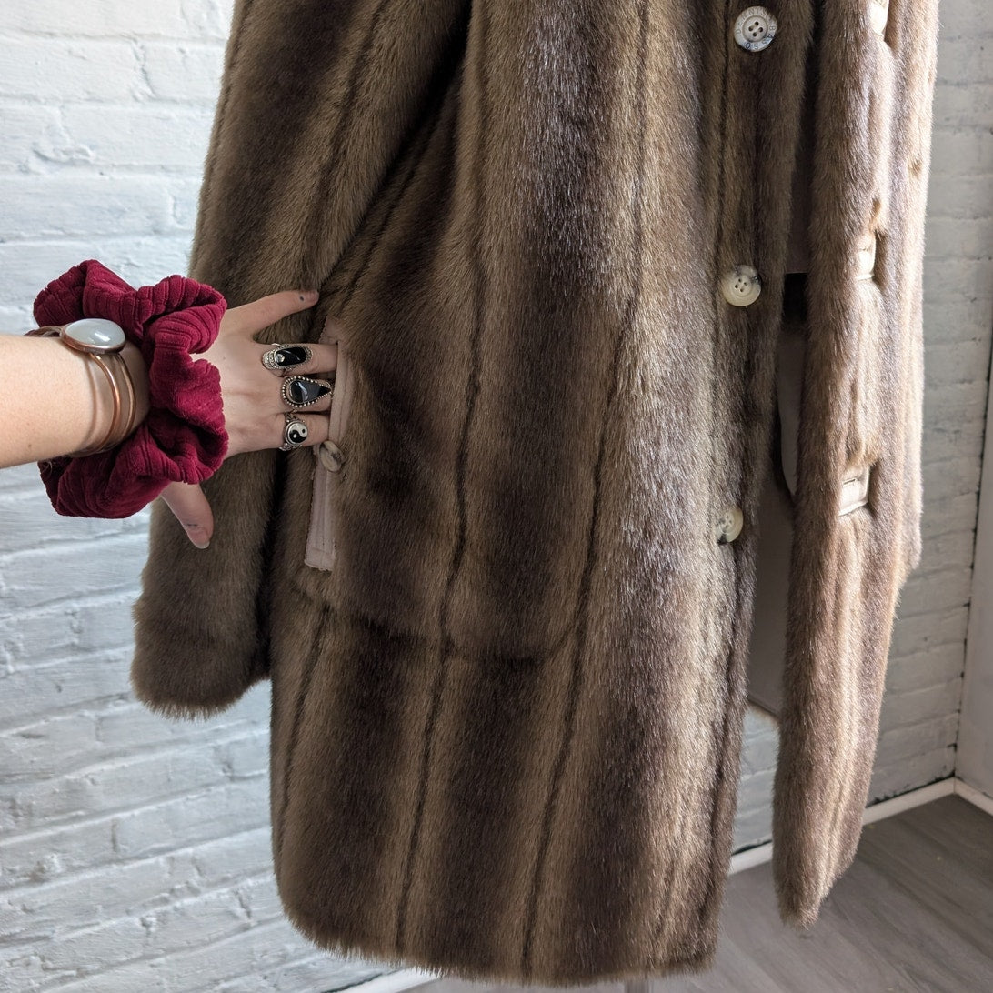 Vintage Brown Faux Fur Coat Vegan Suede Reversible Plush Cozy Trench Jacket
