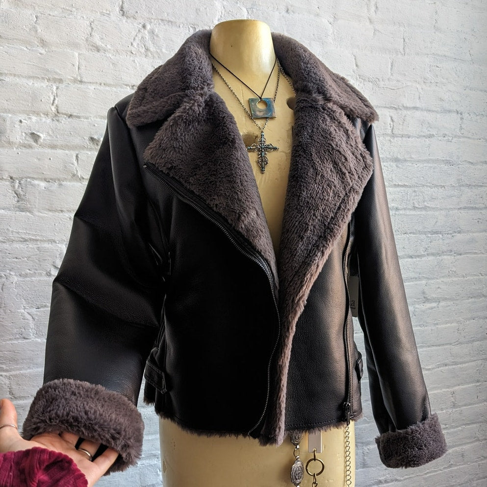 Y2K Black Faux Leather Faux Fur Moto Jacket Bomber Minimalist Grunge Biker Coat