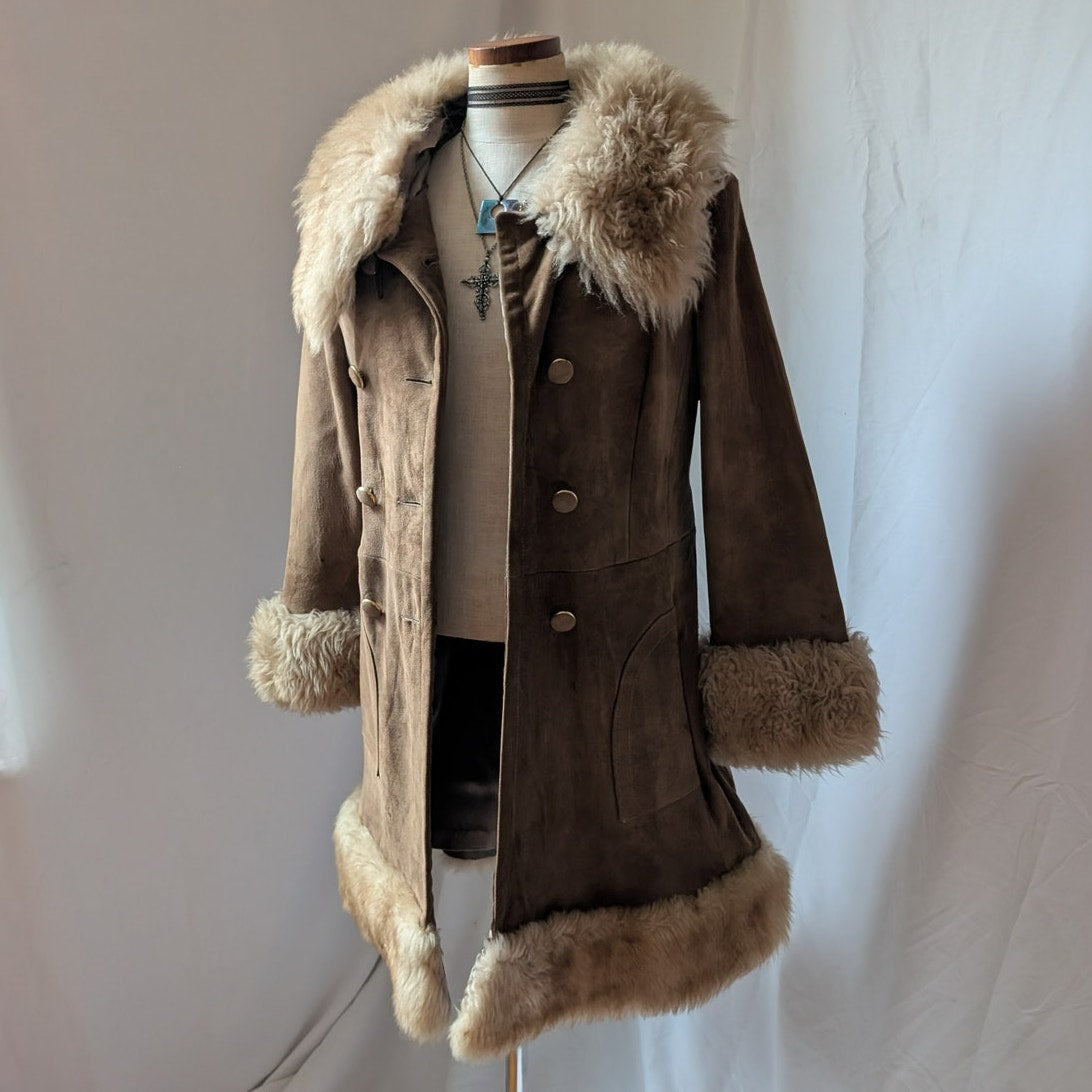 70s Vintage Brown Suede Penny Lane Coat M Tan Leather Fur Boho Afghan Jacket