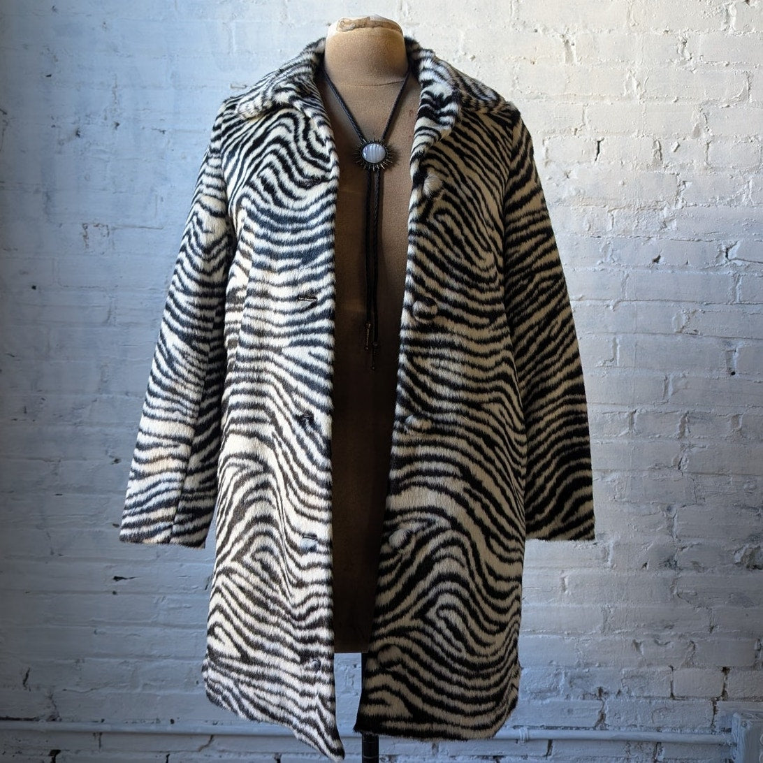 Designer Animal Print Faux Fur Trench Coat Retro Zebra Tiger Stripe Furry Jacket