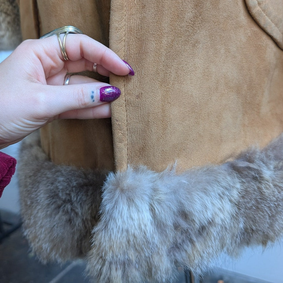 Vintage Brown Suede Fur Trim Penny Lane Jacket Furry Leather Trench Coat Medium