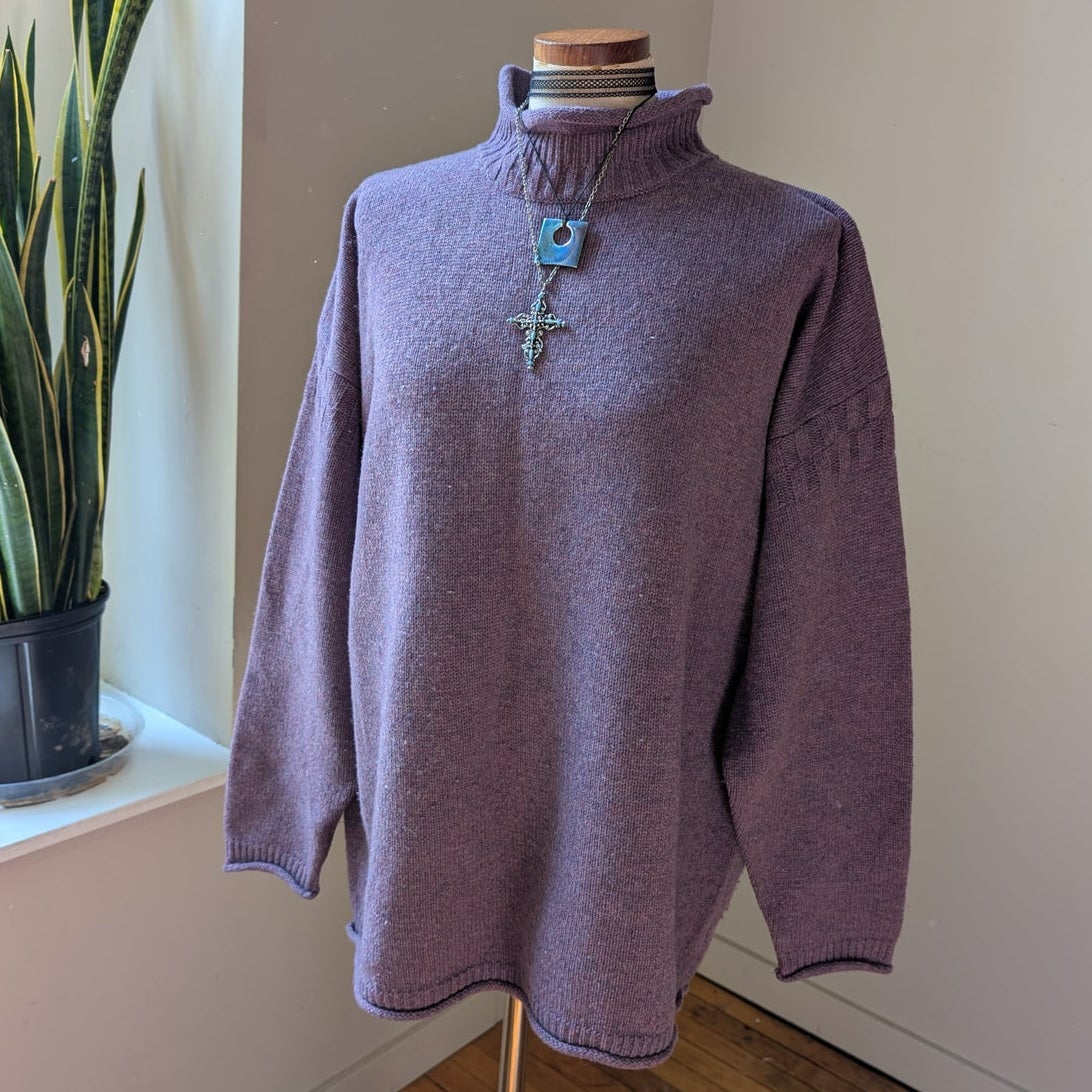 Vintage 100% Wool Knit Turtleneck Sweater XL Purple Oversize Boyfriend Sweater