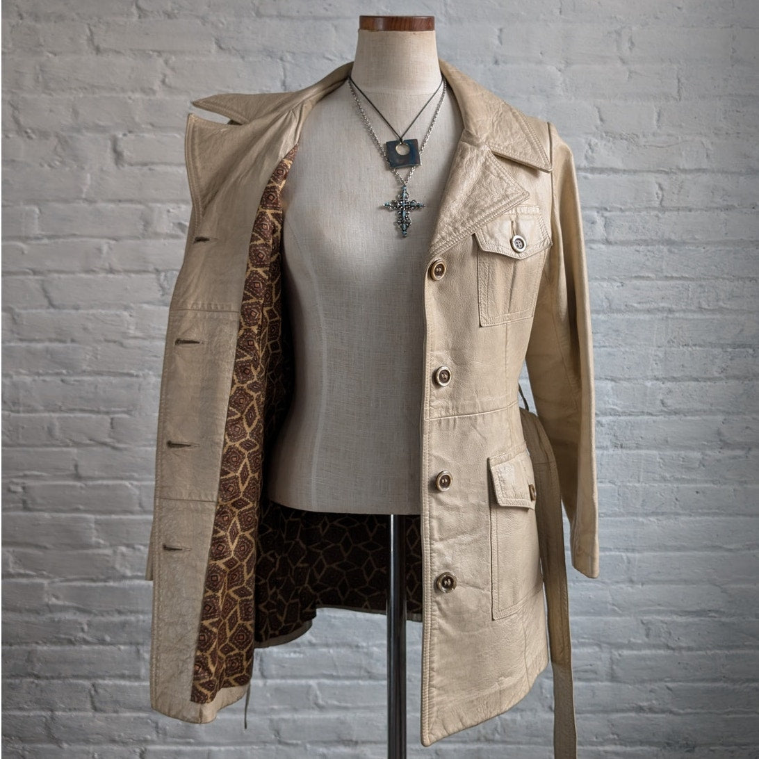 70s Vintage White Genuine Leather Trench Coat Minimalist Boho Moto Biker Jacket