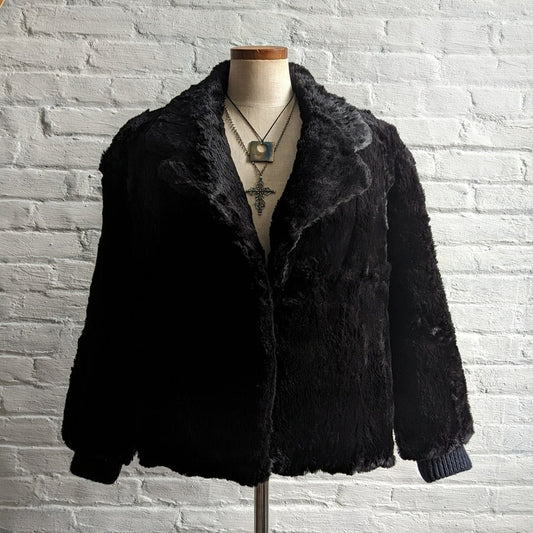Vintage Black Rabbit Fur Bomber Coat Minimalist Shaggy Furry Fuzzy Moto Jacket