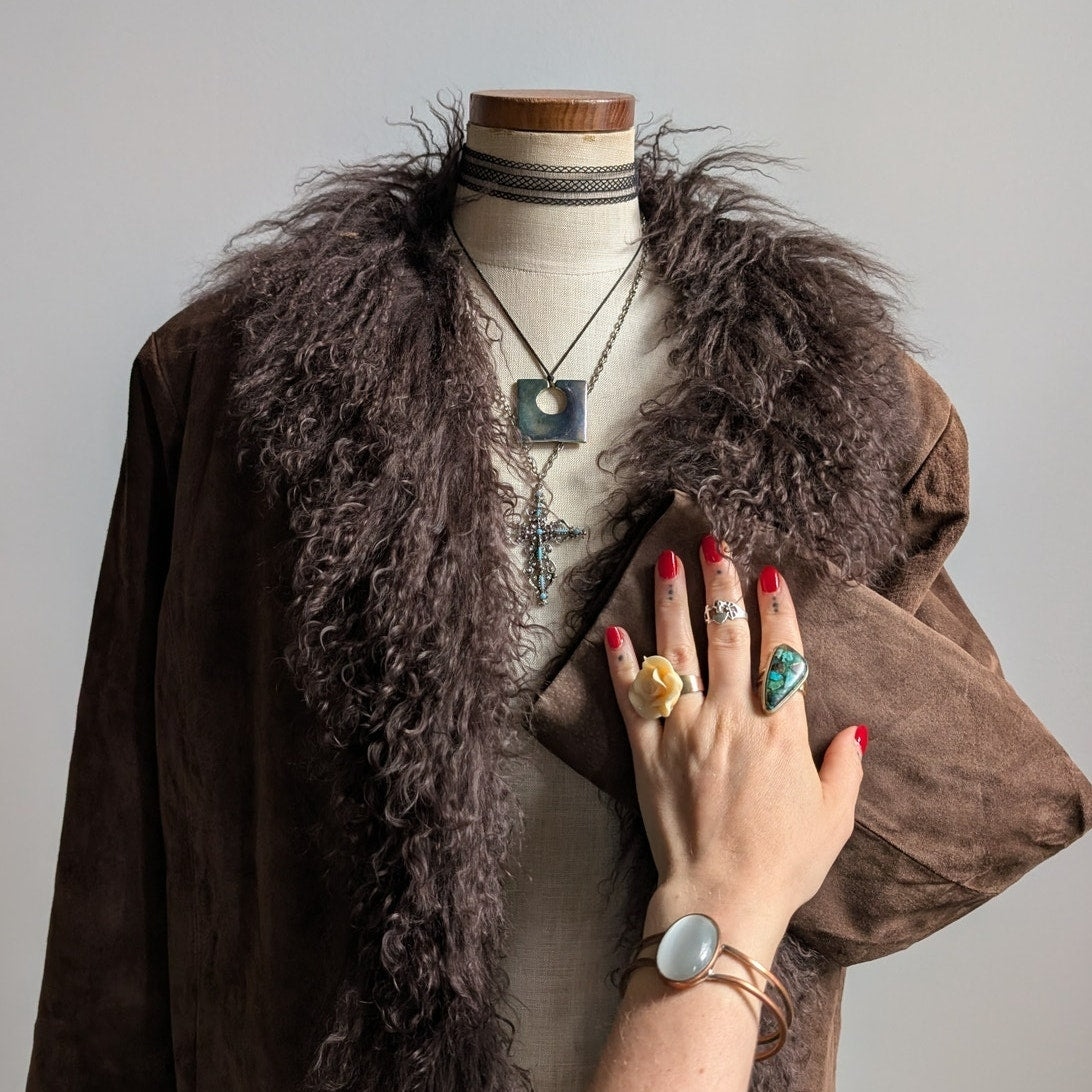 Vintage Brown Suede Penny Lane Jacket Fur Coat Groovy Leather Trench Coat XL