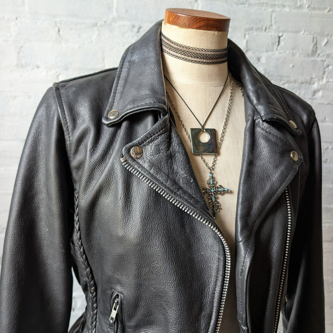 Vintage Black Leather Biker Jacket Minimalist Chic 90s Black Leather Coat Small