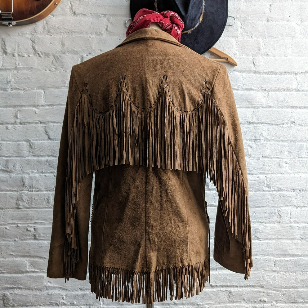 Vintage Brown Suede Fringe Jacket Classic Western Cowboy Genuine Leather Coat