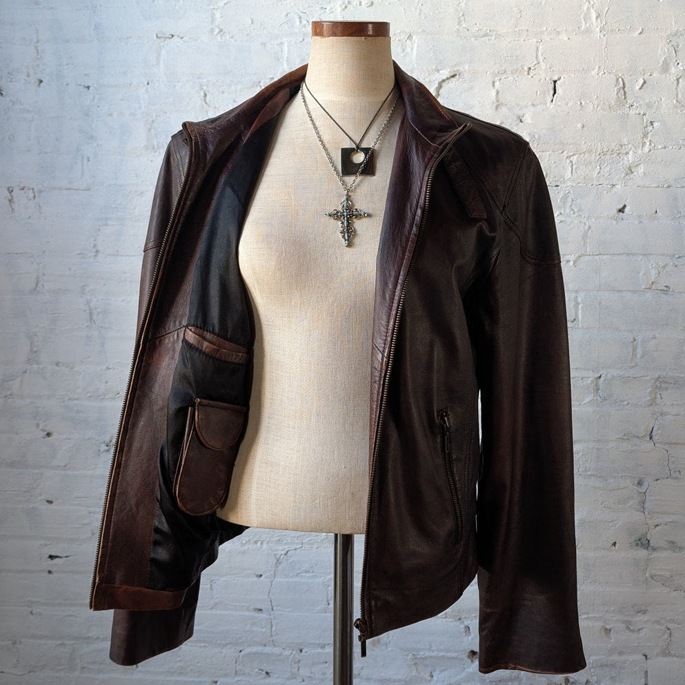 Vintage Brown Leather Moto Jacket Genuine Italian Chic Baddie Biker Bomber Coat
