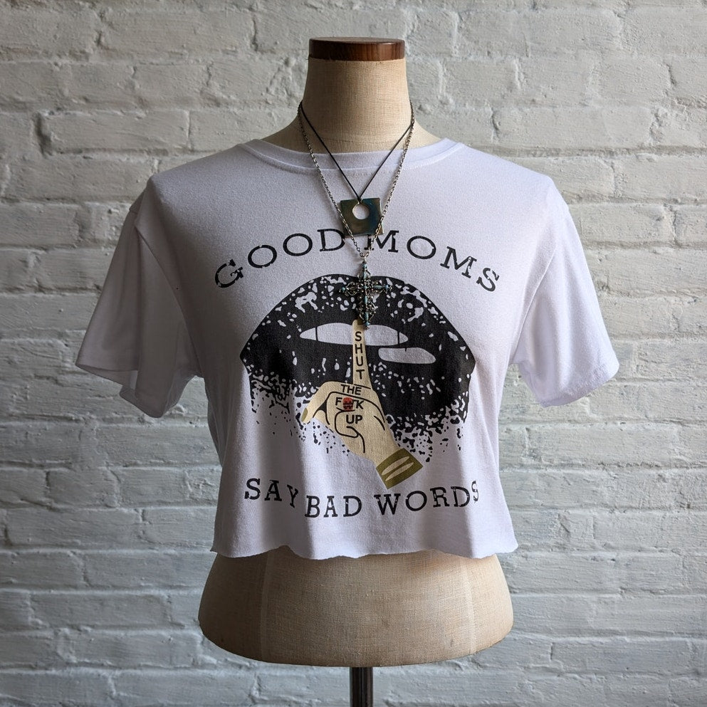 Y2K White Cropped Grunge Tee Mom Graphic Tshirt Sexy Tattoo Baddie Top Small