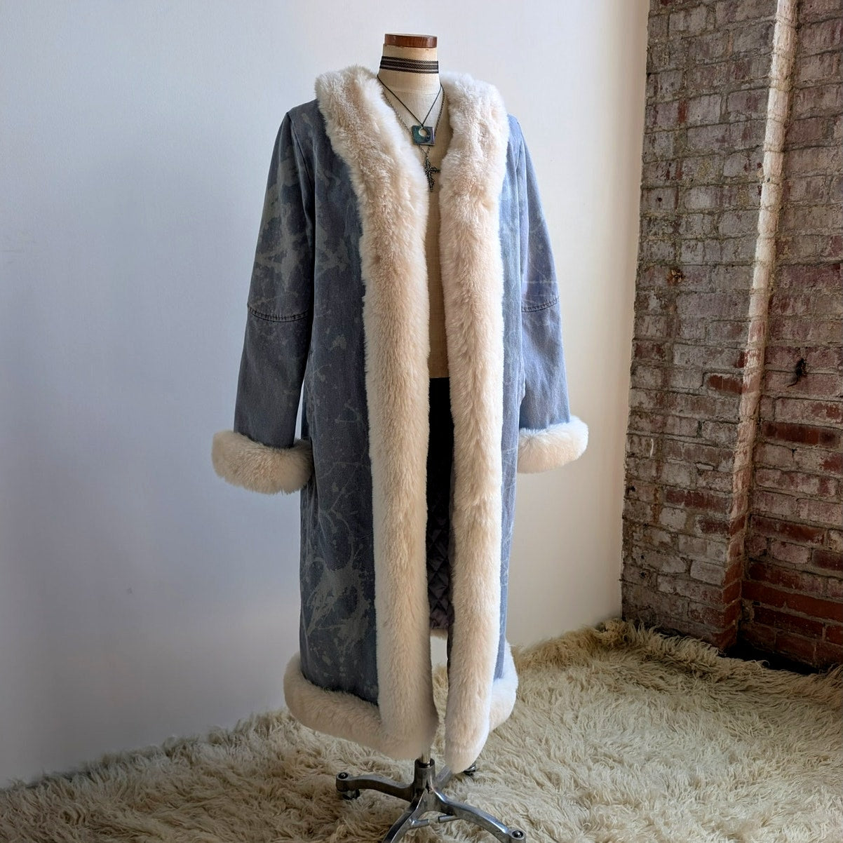 Y2K Faux Fur Penny Lane Coat Acid Wash Denim Trench Coat Afghan Jacket Large