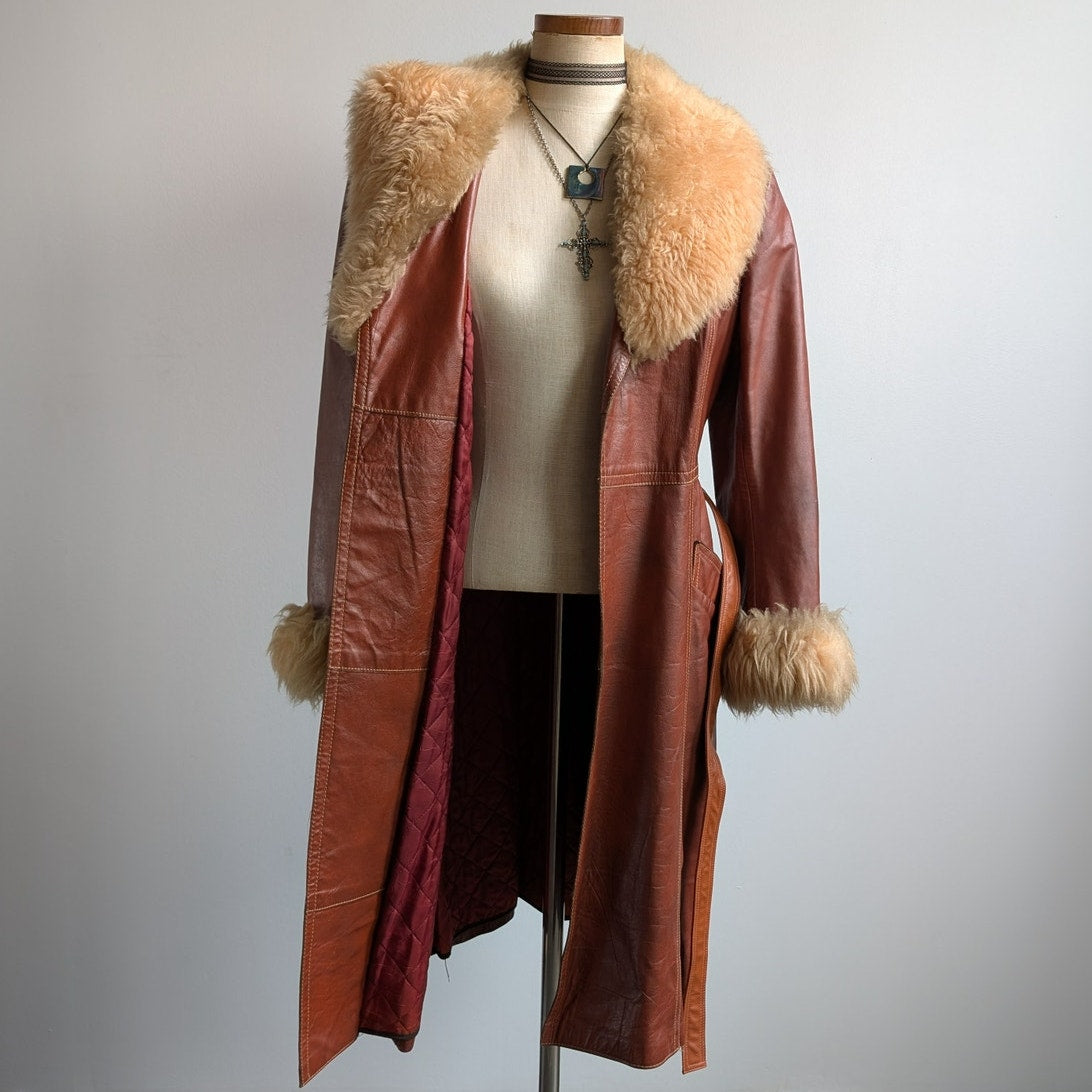 Vintage Leather Jacket Red Brown 70s Penny Lane Trench Coat Afghan Fur Medium