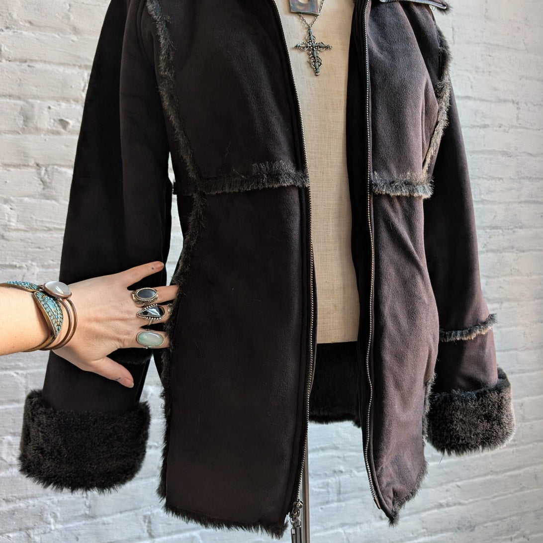 Vintage Black Faux Fur Afghan Penny Lane Jacket Shaggy Furry Boho Trench Coat