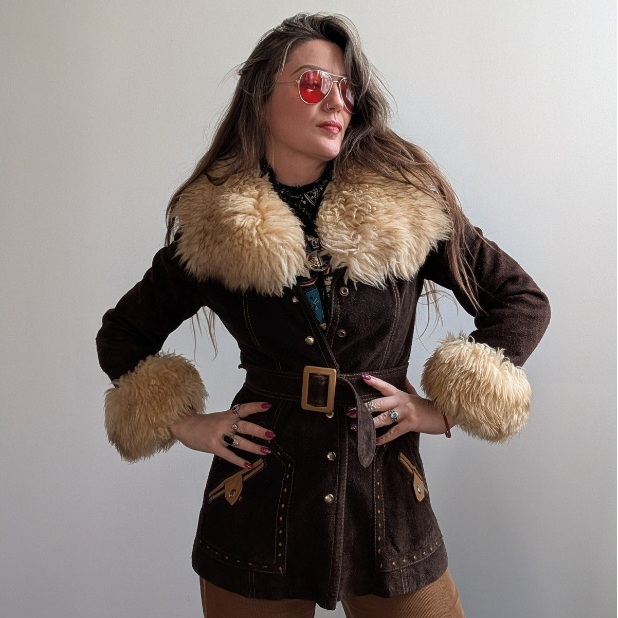 Vintage 70s Brown Suede Jacket Penny Lane Coat Shearling Fur Trim Western Small