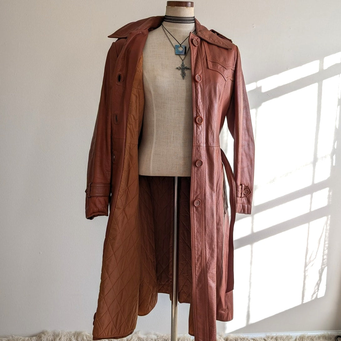 Vintage 70s Orange Brown Leather Trench Coat M Belted Western Boho Duster Jacket