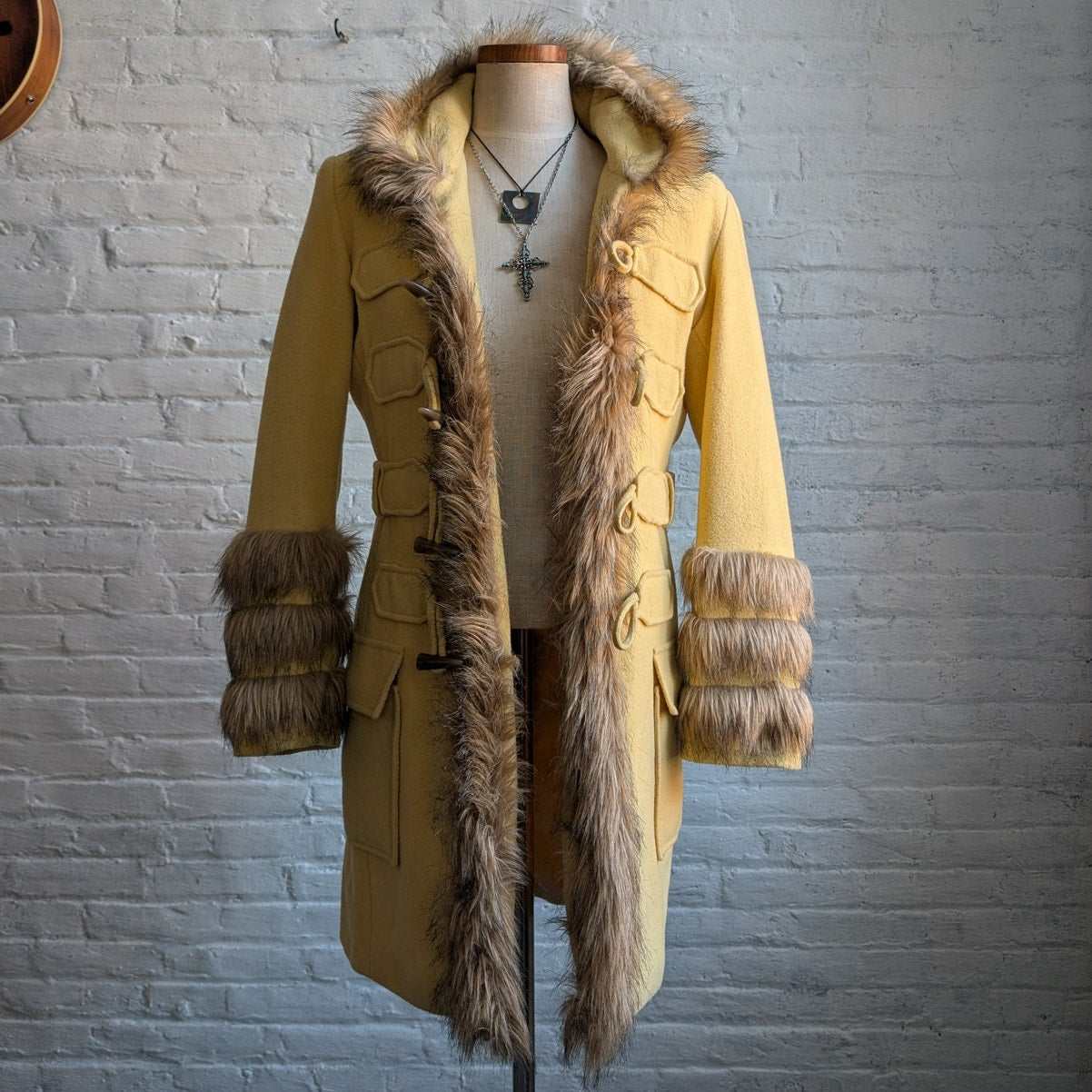 Vintage Yellow Wool Trench Coat Groovy Penny Lane Jacket Faux Fur Coat Medium