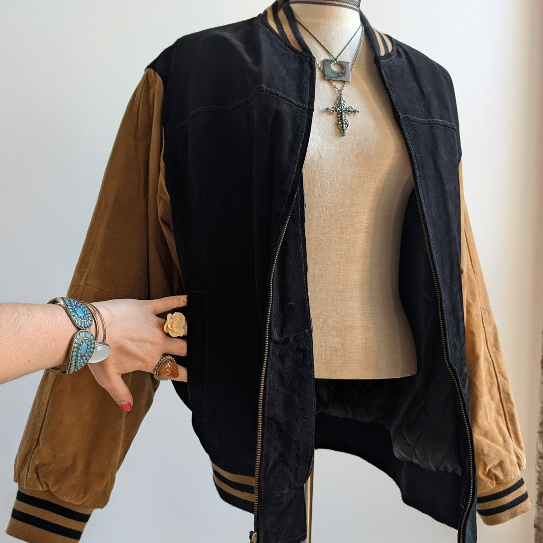 Vintage Black Leather Bomber Jacket Brown Suede Jacket Y2K Varsity Preppy Large