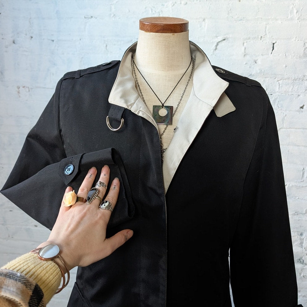 Vintage Black Trench Coat Longline Minimalist Wool Coat Duster Jacket Medium