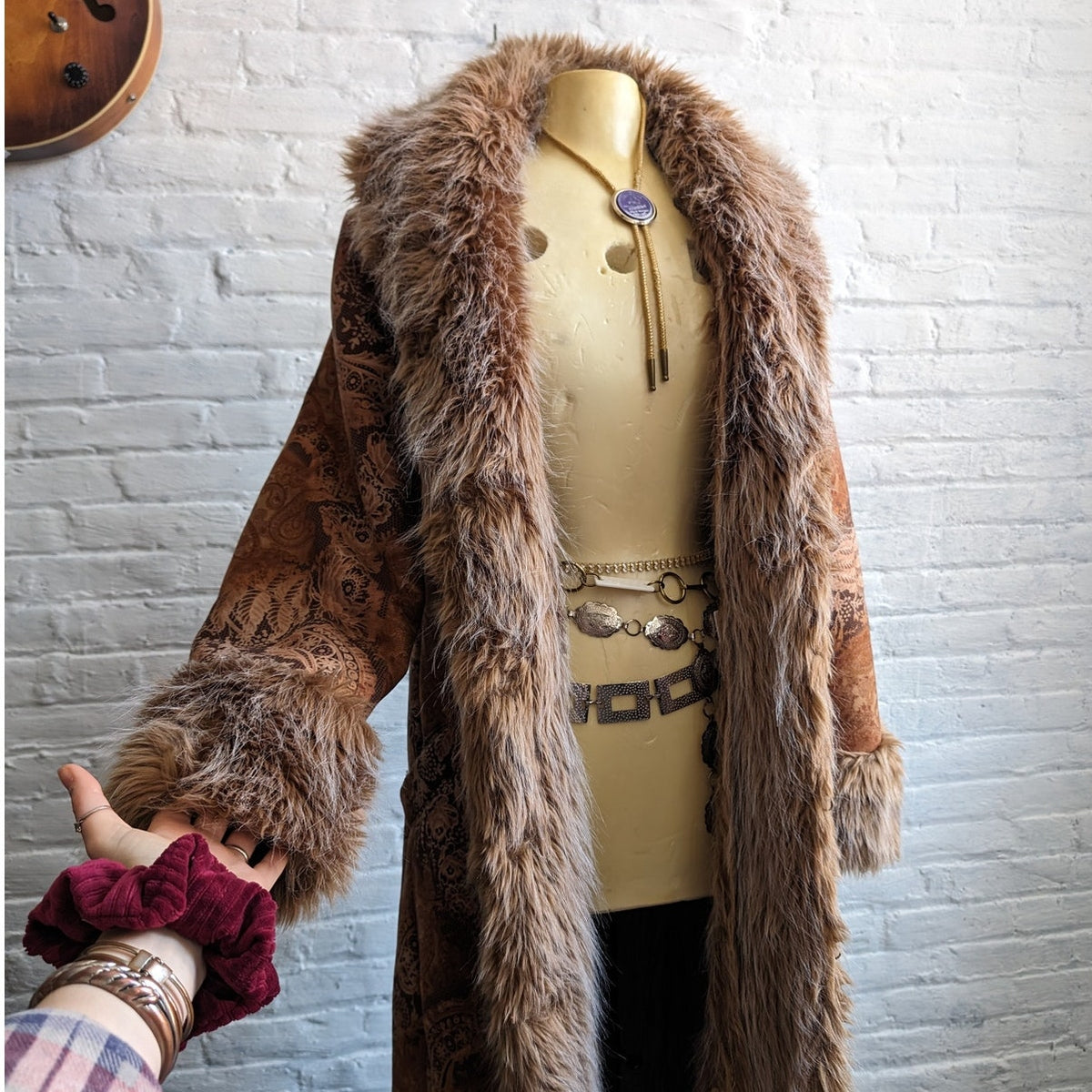 90s Vintage Penny Lane Groovy Faux Fur Jacket S Boho Afghan Tapestry Trench Coat