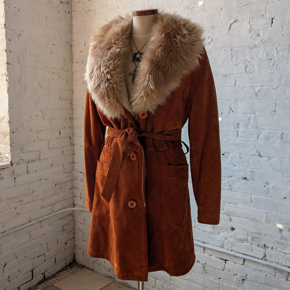 Vintage Orange Suede Penny Lane Jacket Leather Trench Coat Faux Fur Coat Large