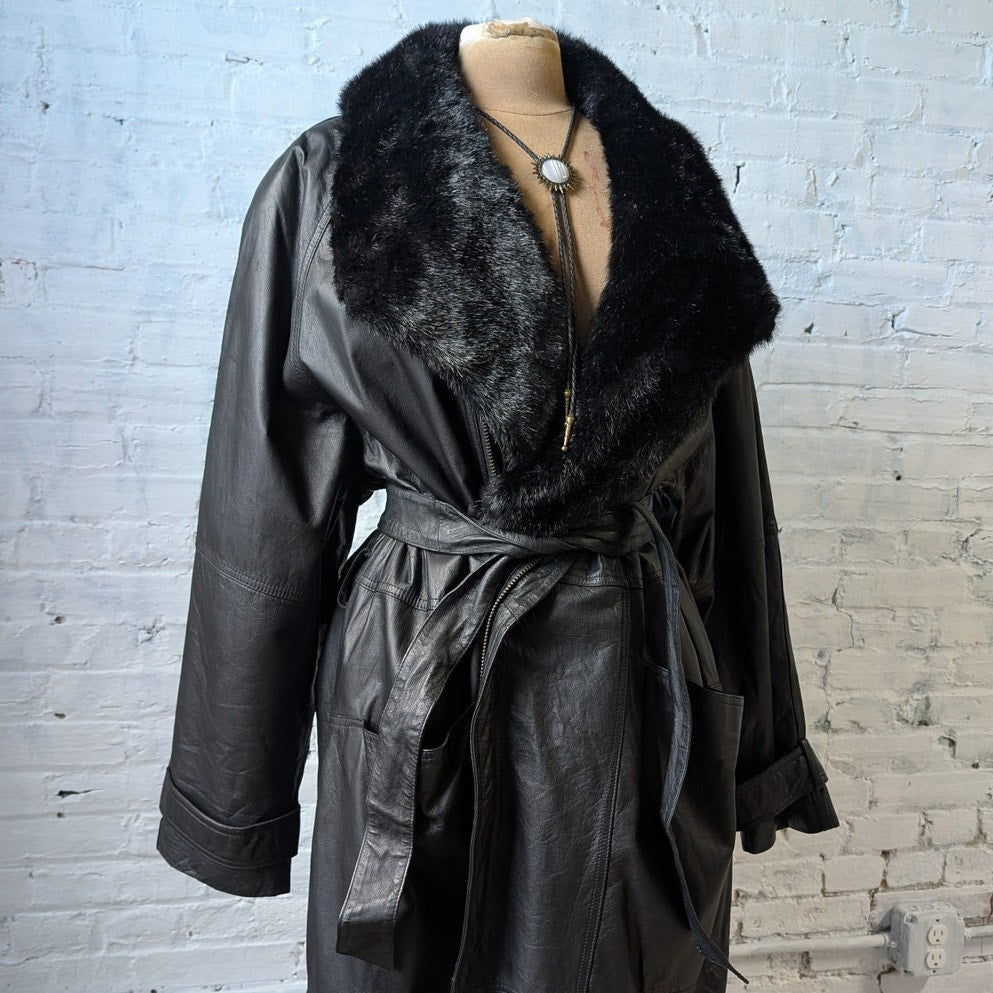 Vintage Black Leather Penny Lane Coat Faux Fur Trench Minimalist Goth Jacket