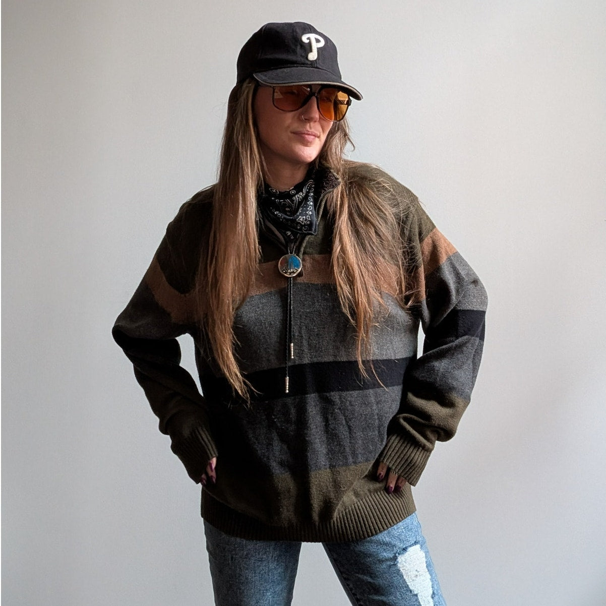 Vintage Green Striped Knit Sweater Earthy Minimalist Grunge Preppy Fleece Large