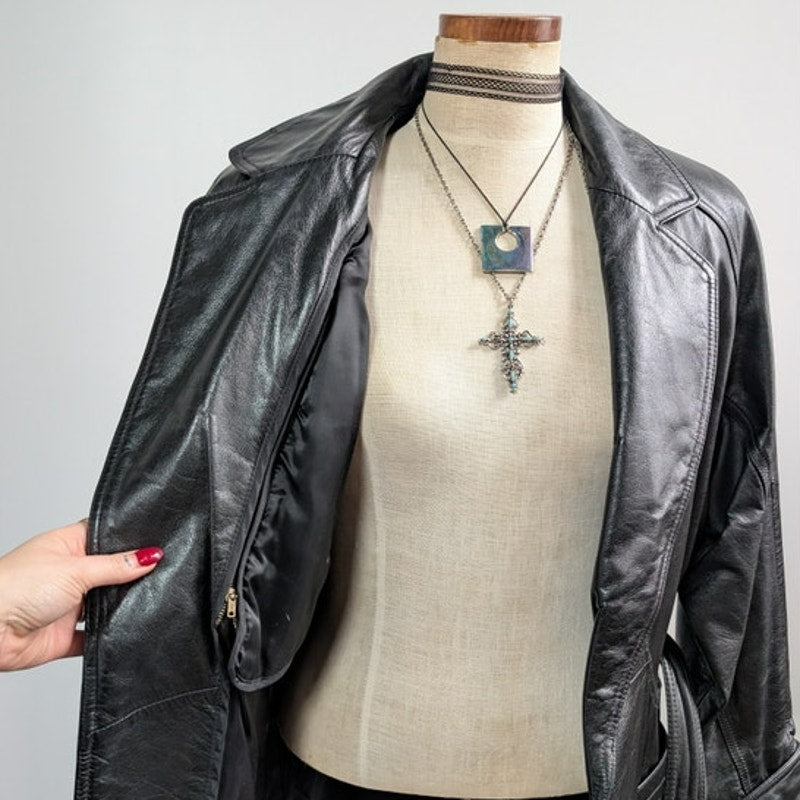 Vintage Black Leather Jacket Trench Coat Minimalist Goth Moto Biker Jacket Small