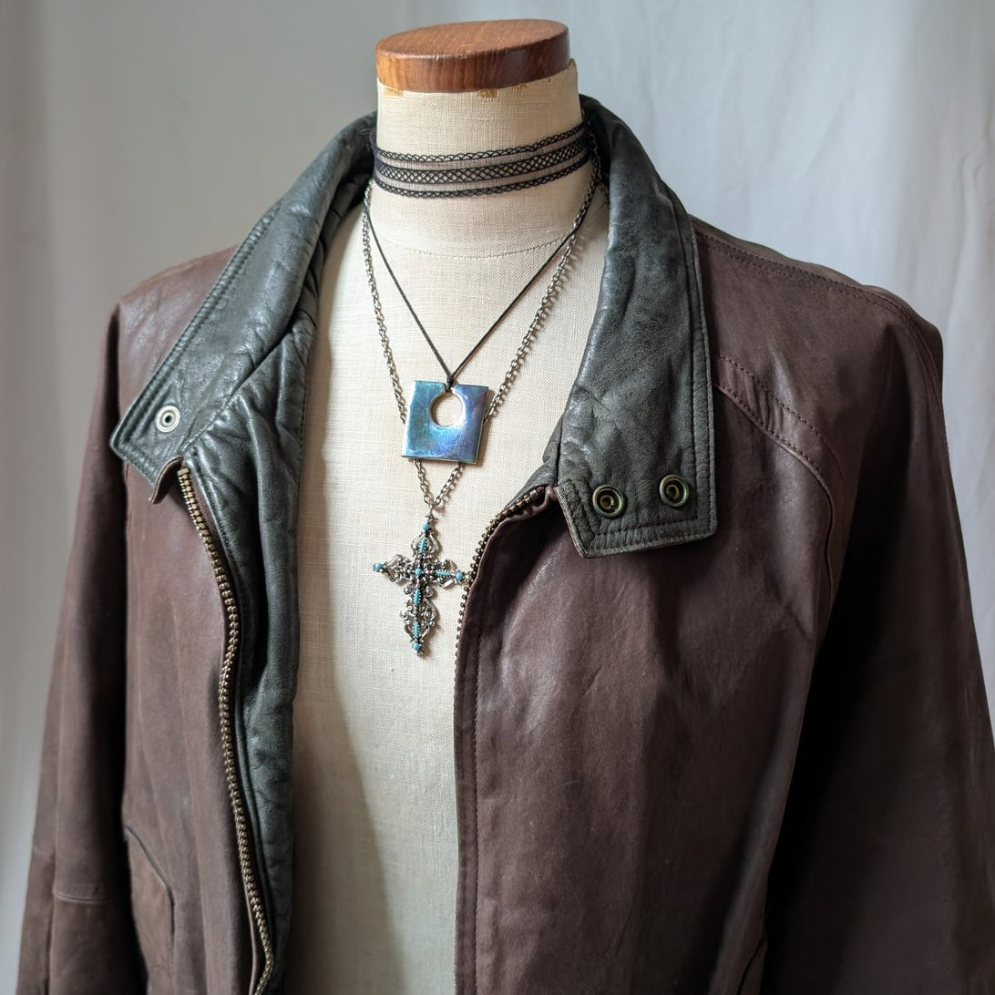 Vintage 90s Brown Leather Bomber Jacket L Slouchy Oversized Quilted Leather Coat