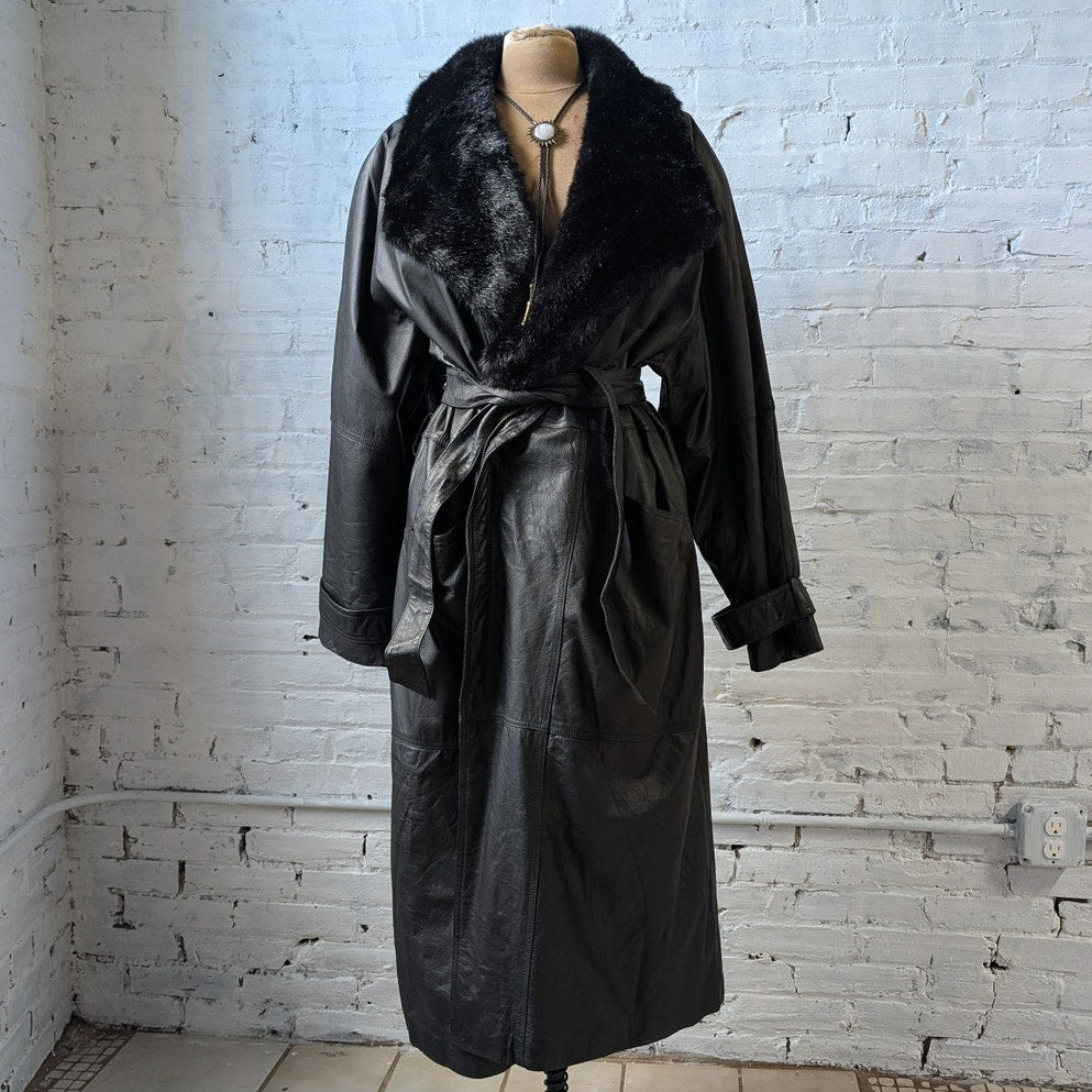 Vintage Black Leather Penny Lane Coat Faux Fur Trench Minimalist Goth Jacket