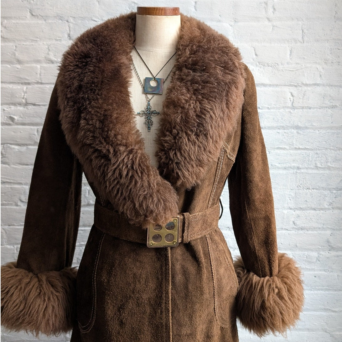 70s Brown Suede Jacket Penny Lane Fur Furry Leather Groovy Vintage Trench Coat