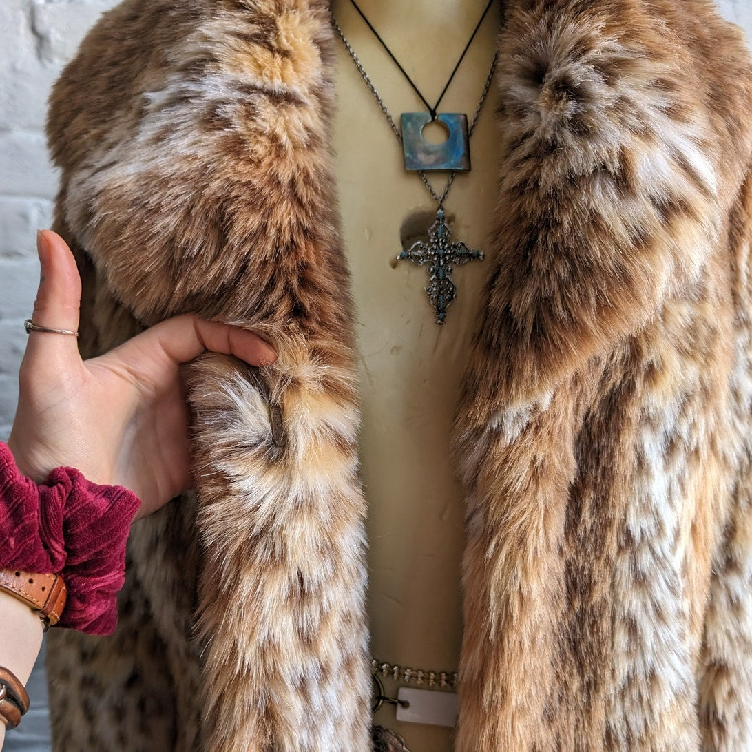 Vintage Cheetah Leopard Print Faux Fur Coat Trench Shaggy Groovy Grunge Jacket