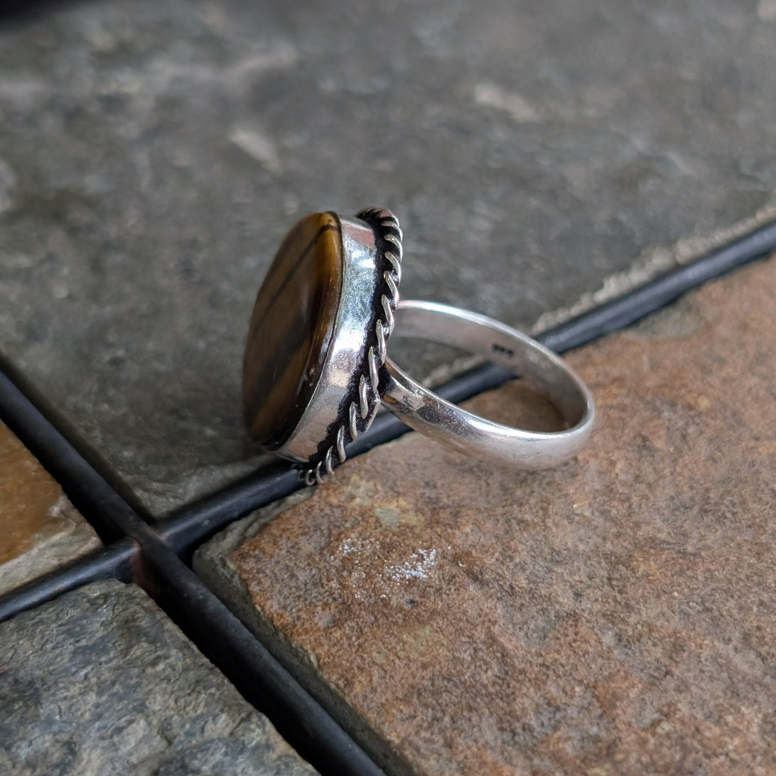 Golden Brown Tigers Eye Boho Statement Ring Round Silver Vintage Groovy Sz 8.75