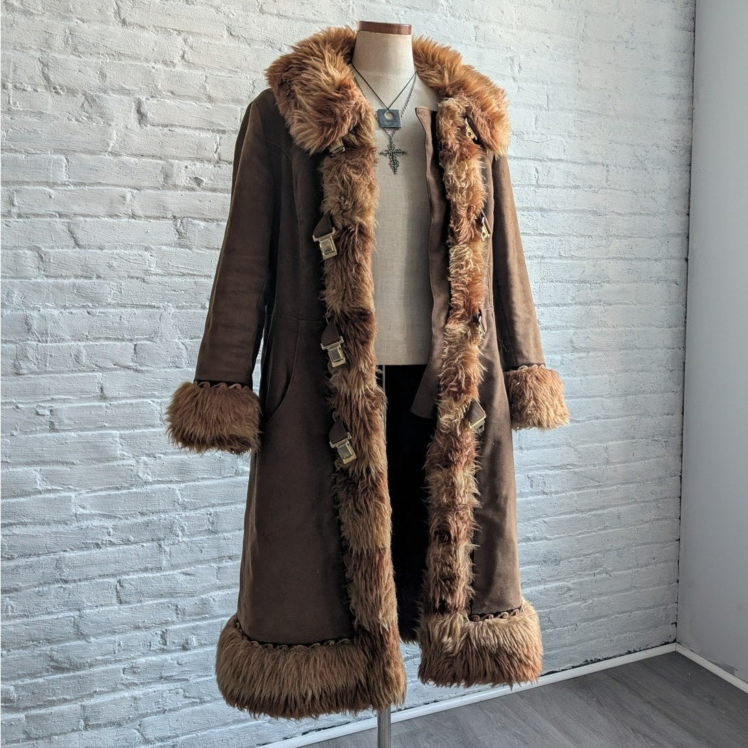 70s Vintage Brown Faux Fur Afghan Coat Penny Lane Groovy Shaggy Trench Jacket