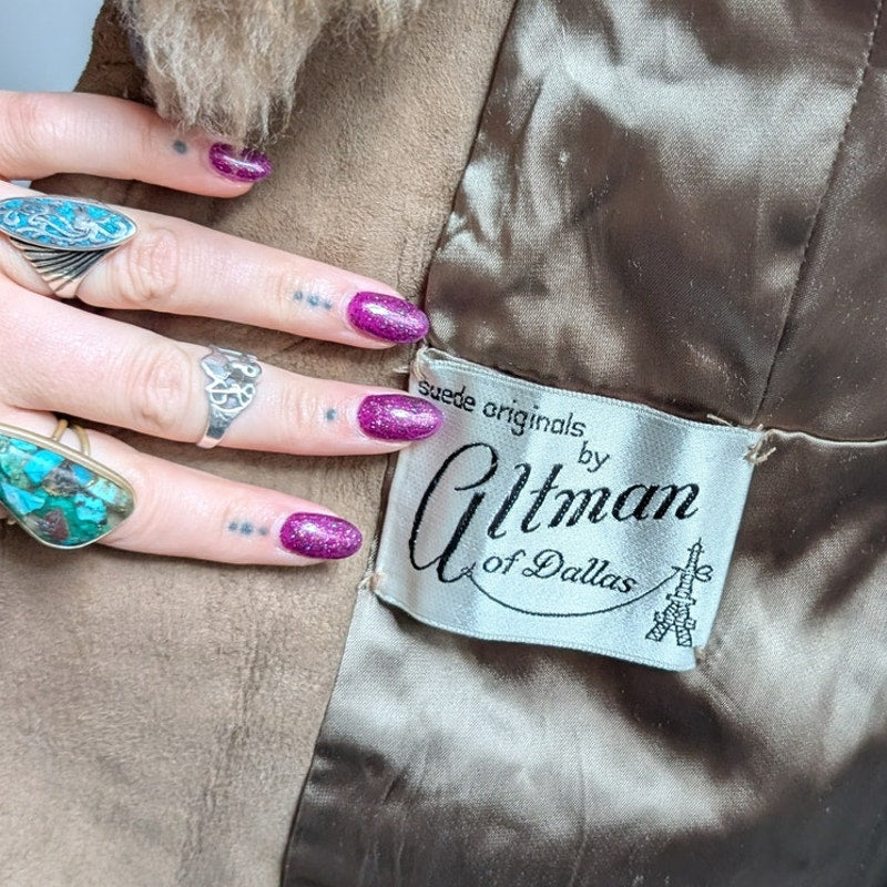 Vintage Brown Leather Penny Lane Coat Tan Suede Fur 70s Afghan Jacket Medium