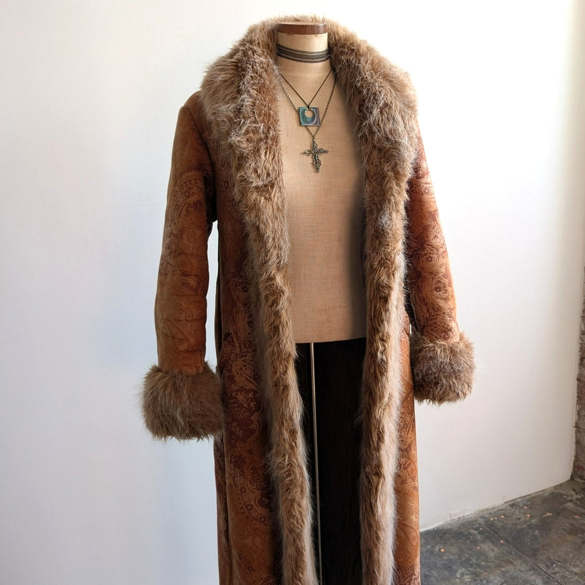 Vintage Penny Lane Groovy Faux Fur Jacket Boho Afghan Tapestry Trench Coat Small
