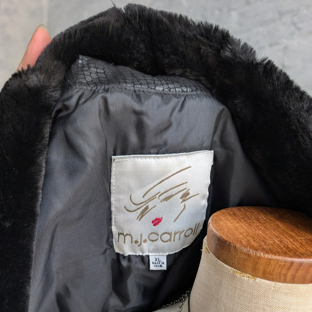 Vintage Black Leather Faux Fur Trench Coat Penny Lane Grunge Snakeskin Jacket