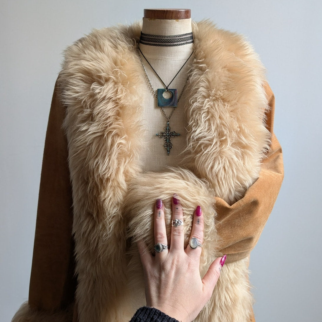 Vintage Tan Brown Suede Penny Lane Jacket Fur Furry Leather Trench Coat Small