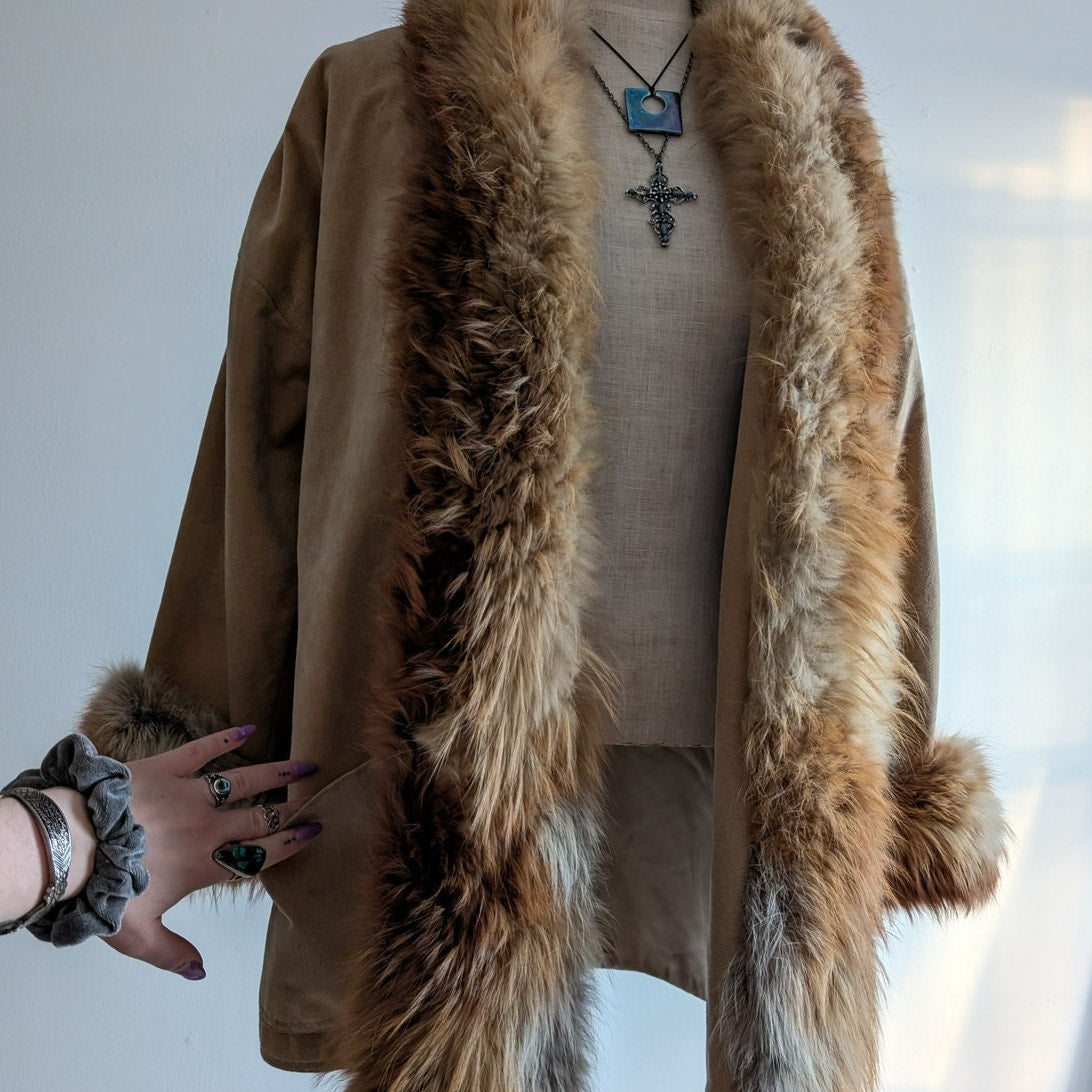Vintage Tan Brown Afghan Jacket M 70s Shaggy Penny Lane Coat Red Fox Fur Trim
