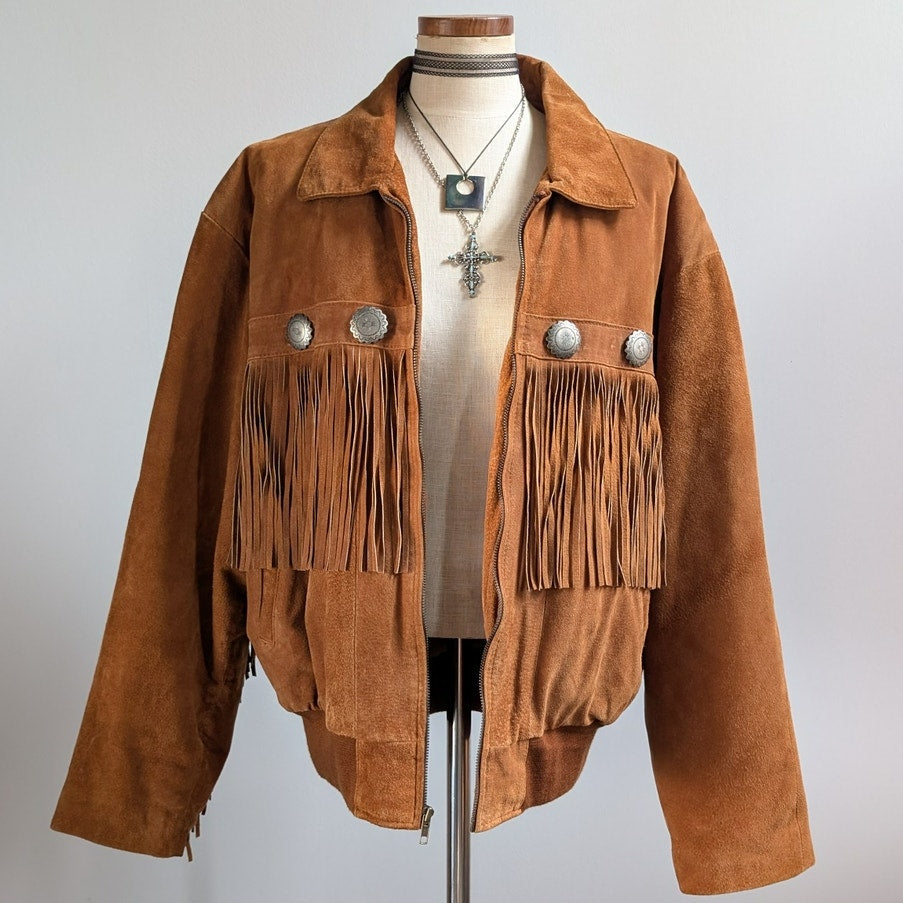 Vintage Brown Suede Leather Jacket Fringe Biker Western Moto Bomber Coat Large