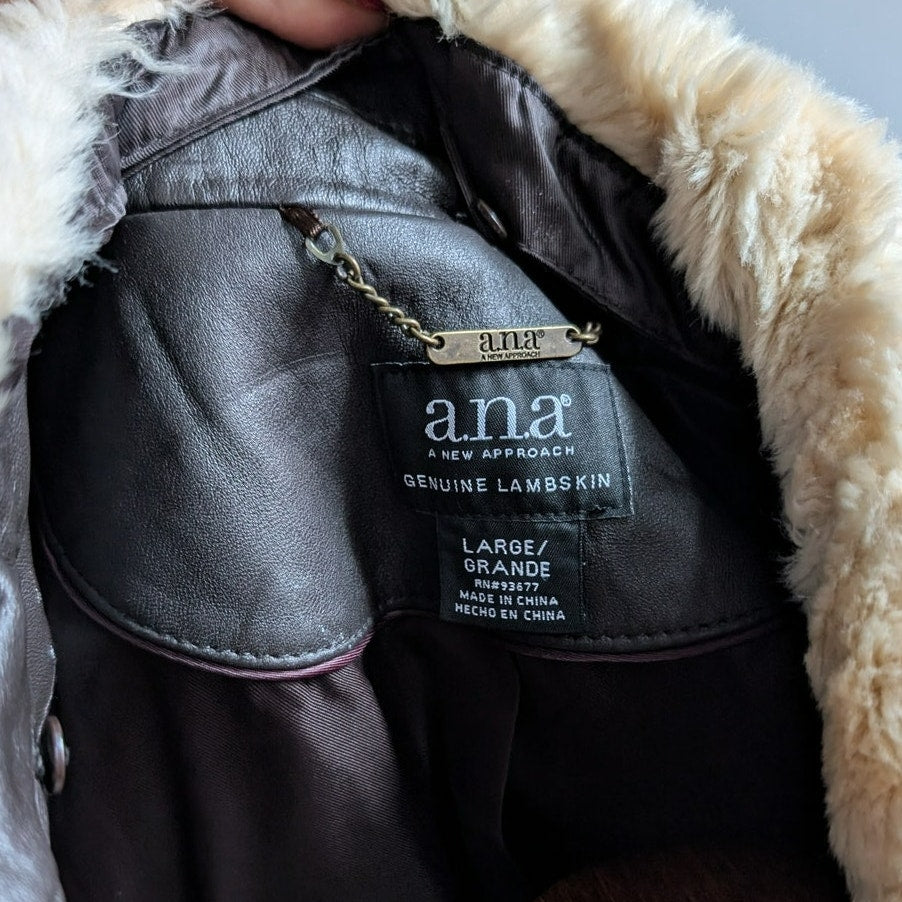 Vintage Brown Leather Jacket Faux Fur Lambskin Moto Chic Biker Bomber Coat Large