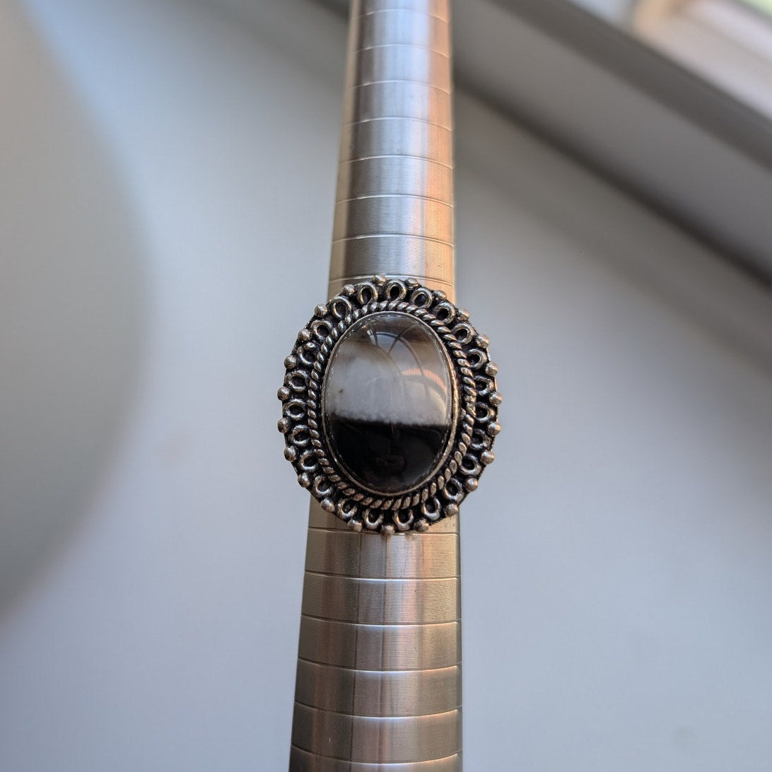 Oval Black Statement Ring Sterling Silver Ring Vintage Boho Natural Stone 7.5