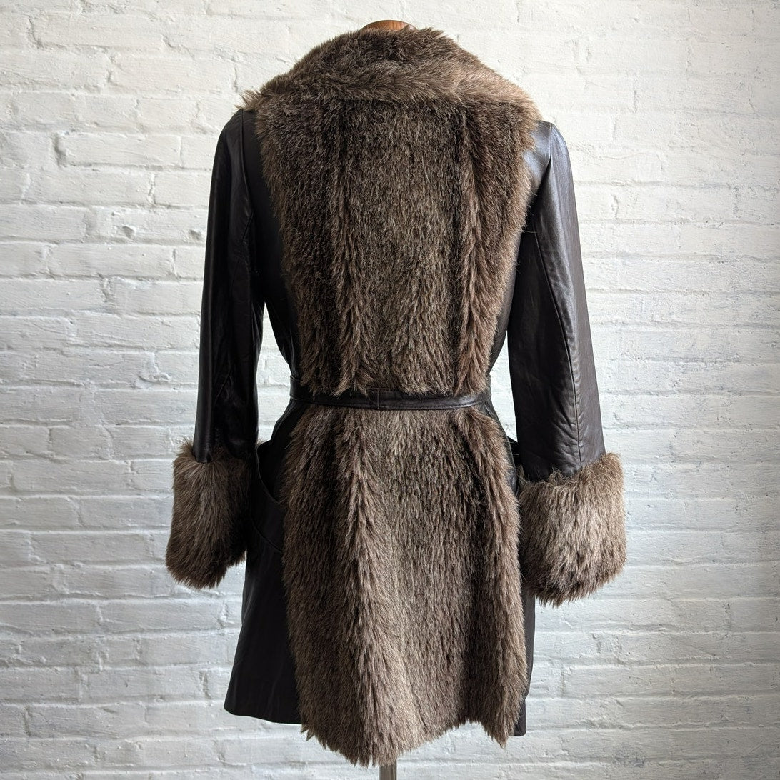 70s Vintage Black Brown Leather Penny Lane Coat Faux Fur Groovy Boho Moto Jacket