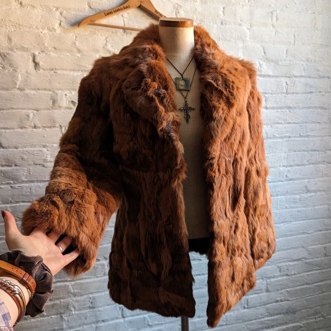 Vintage Mob Wife Rabbit Fur Coat Rusty Red Brown Penny Lane Shaggy Furry Jacket