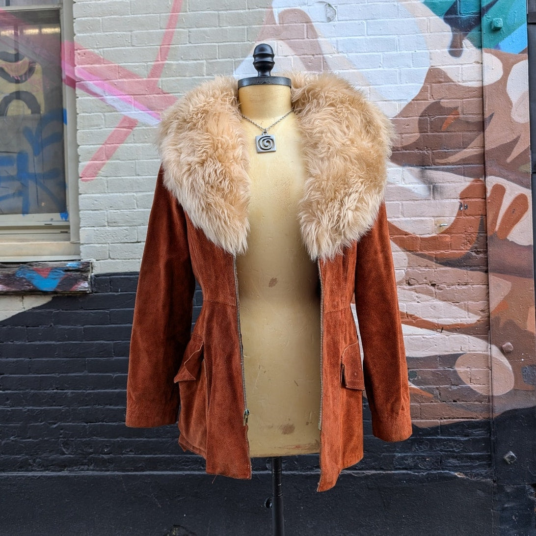 70s Penny Lane Groovy Suede Fur Jacket Furry Genuine Leather Mod Trench Coat