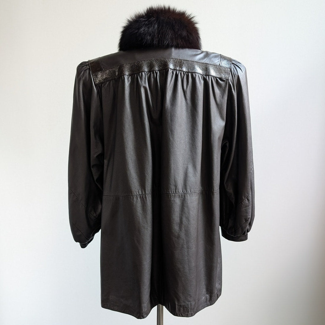Vintage Black Leather Trench Coat Fur Penny Lane Jacket Goth Minimalist Large
