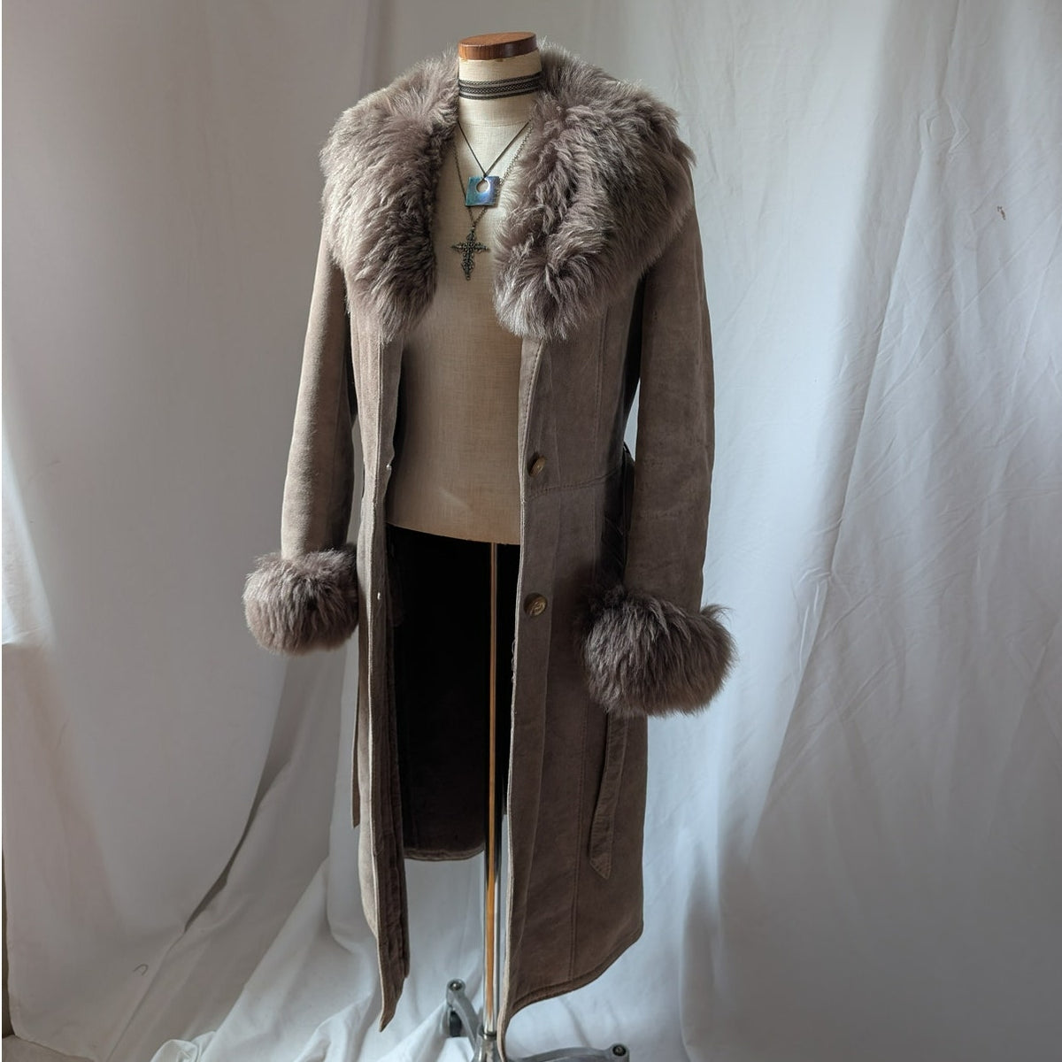 Vintage Brown Suede Penny Lane Jacket S Shearling Fur Coat Chic Leather Trench