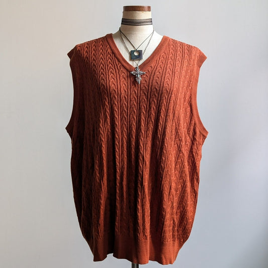 Vintage Silk Cable Knit Sweater Vest Rust Orange Grandpa Cottage Preppy Top XL
