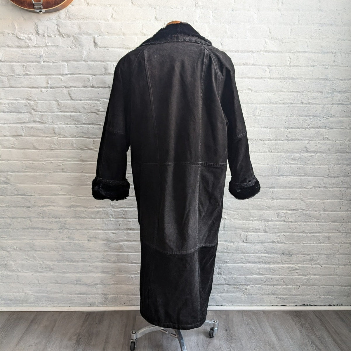 Vintage Black Suede Trench Coat Faux Fur Coat Minimalist Leather Jacket Large