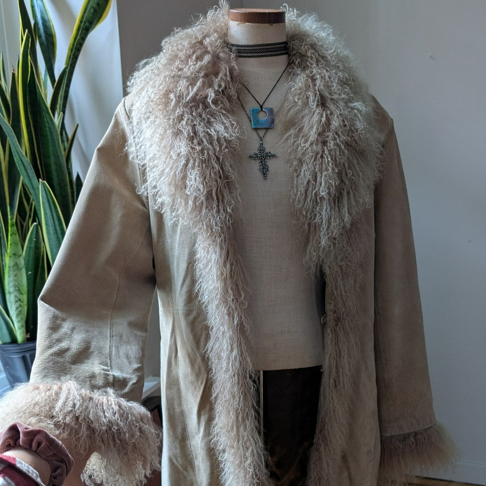 Vintage Tan Suede Penny Lane Jacket Fur Coat Groovy Leather Trench Coat Large