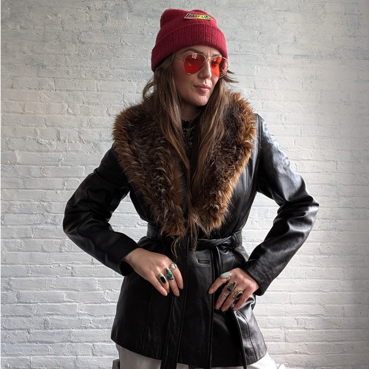 Vintage Black Minimalist Leather Fur Coat Penny Lane Chic Goth Furry Moto Jacket